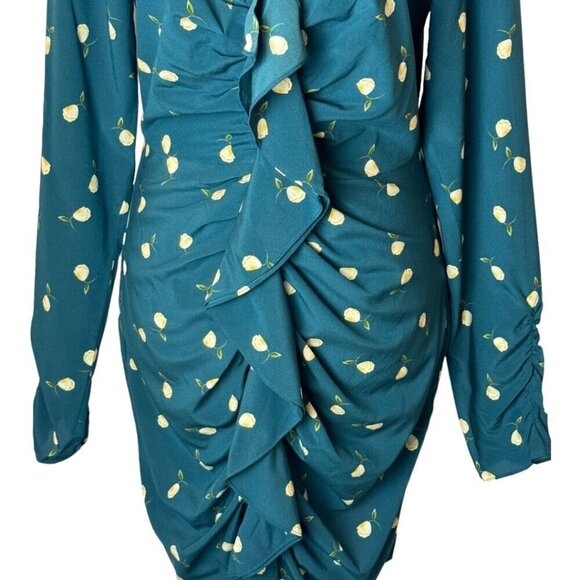 Intermix Dress Women 6 Teal Blue Adrienne Floral Silk Ruched Ruffle Mini Sheath - Picture 8 of 12